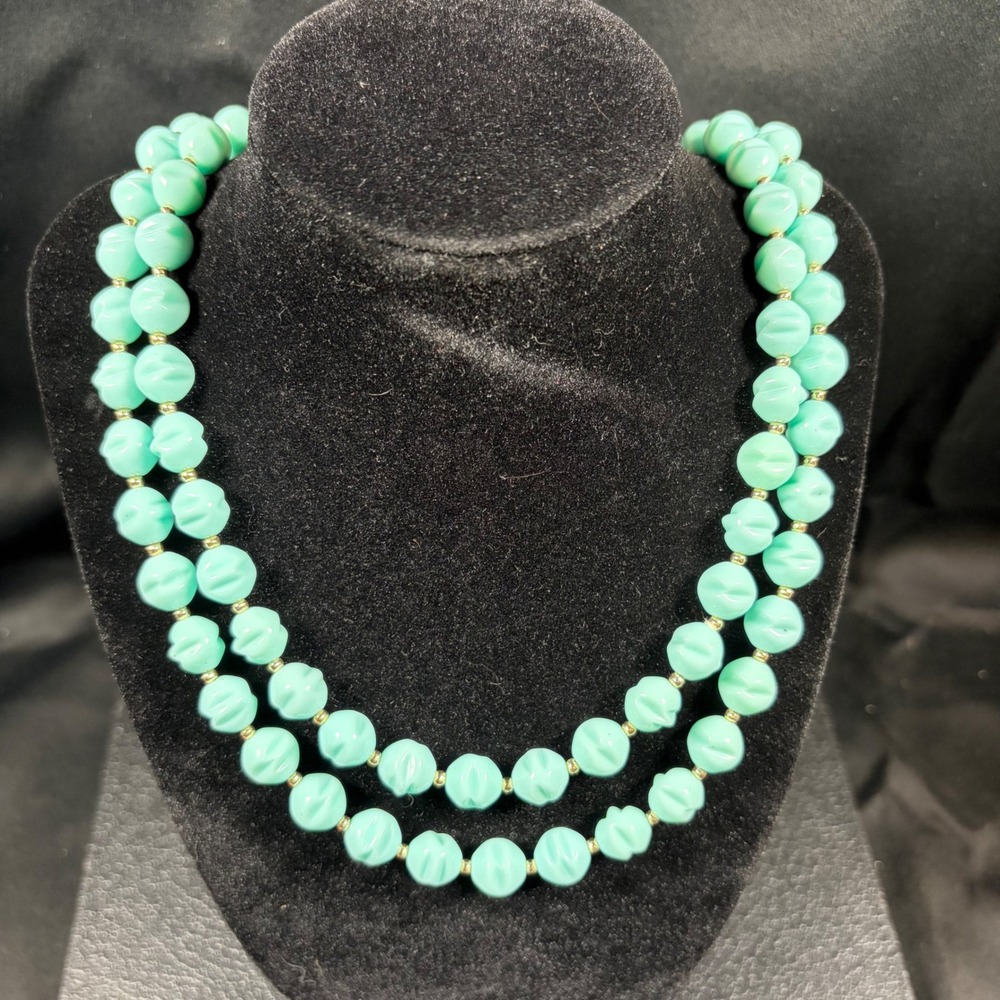 Vintage Hong Kong Seafoam Green Lucite Fluted Bead Necklace 45 Inch Long Rope